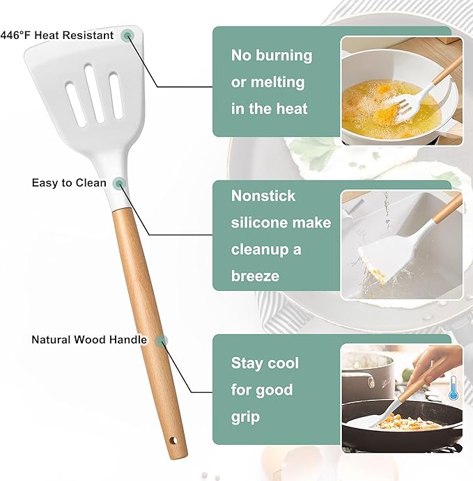 E-far Silicone Cooking Utensils Set, 5-Piece Kitchen Utensils Set with Wooden Handle for Cooking, Silicone Kitchen Nonstick Tools Spatula Turner Slotted Spoons, Nontoxic & Heat Resistant-White
