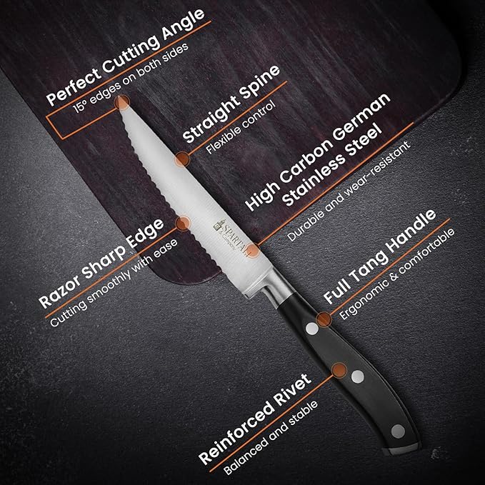 Spartali & Company Premium 4.5-Inch Steak Knife Set of 4 – Serrated Stainless Steel Blades with Ergonomic Handles – Razor-Sharp Cutlery for Effortless Meat Slicing – Dishwasher Safe, Rust-Resistant.