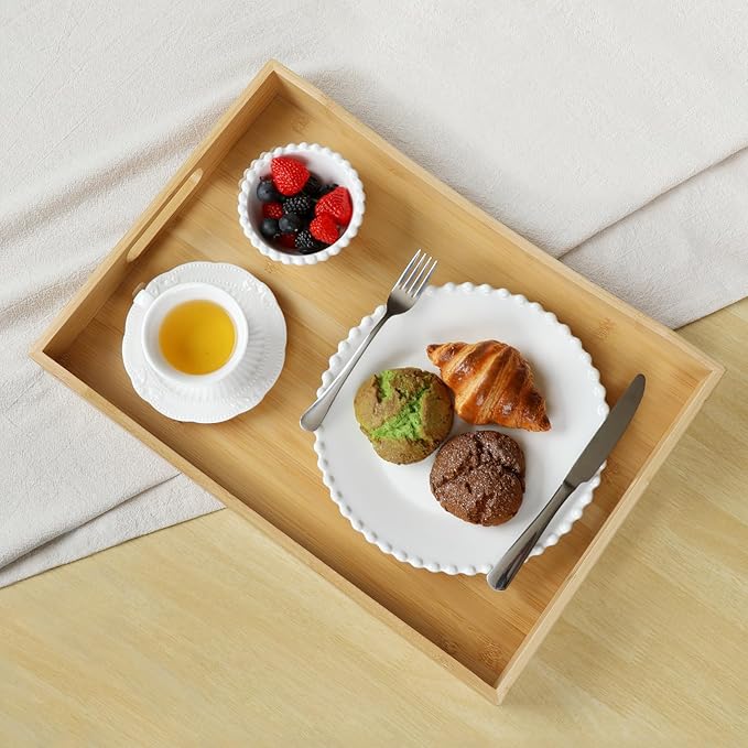Gobam Bamboo Serving Tray with Built-in Handles, 19.7 x 13.8 inch Large Wooden Breakfast Trays for Bed, Coffee Table & Ottoman, Rectangular Decorative Tray for Entryway, Kitchen, Dining & Living Room