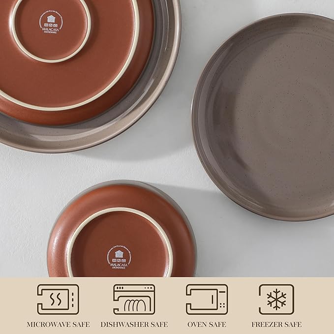 MALACASA Plates and Bowls Sets, 24 Pieces Modern Ceramic Dinnerware Set for 8 Kitchen Dinner Set Stoneware Dishware Dishes Set Microwave and Dishwasher Safe, Brown, Series TARA