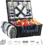 Picnic Basket Set for 4 with Waterproof Blanket Mat Insulation Bag Wicker Classic Navy Blue Black Stripe Gift for Wedding Birthday Summer Camp Outdoor Camping Travel Christmas Thanksgiving