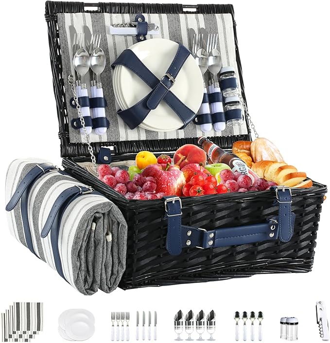 Picnic Basket Set for 4 with Waterproof Blanket Mat Insulation Bag Wicker Classic Navy Blue Black Stripe Gift for Wedding Birthday Summer Camp Outdoor Camping Travel Christmas Thanksgiving