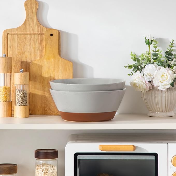 MALACASA Serving Bowls, 105oz Large Salad Bowls for Party, Entertaining, Big Ceramic Bowls for Soup, Fruit and Pho, 2-Pc Wide Bowl Set, Grey & Brown