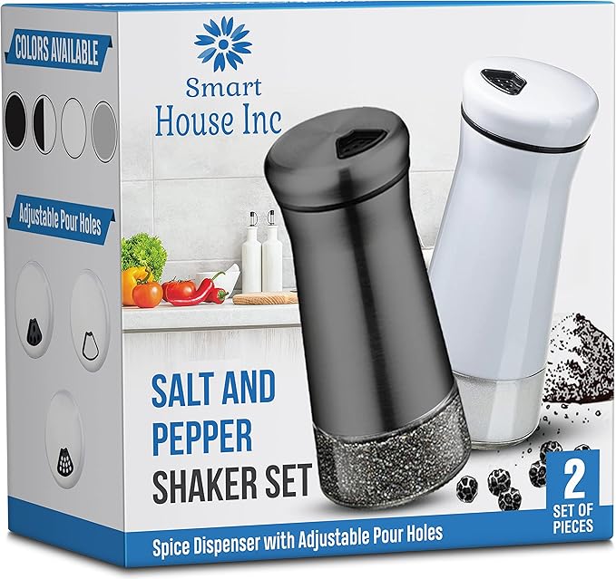 The Original Salt and Pepper Shakers set - Black & White - Spice Dispenser with Adjustable Pour Holes - Stainless Steel & Glass - Set of 2 Bottles
