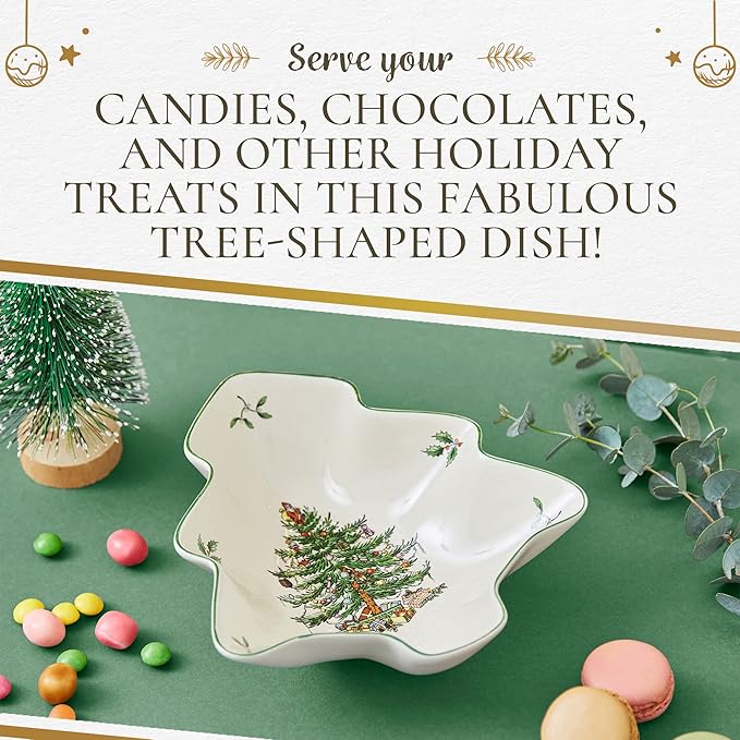 Spode Christmas Tree Serving Dish, 9-inch Tree-Shaped Bowl, Fine Earthenware, Dishwasher Safe, Decorative Christmas Serveware, Festive Tableware, Holiday Entertaining, Christmas Home Décor