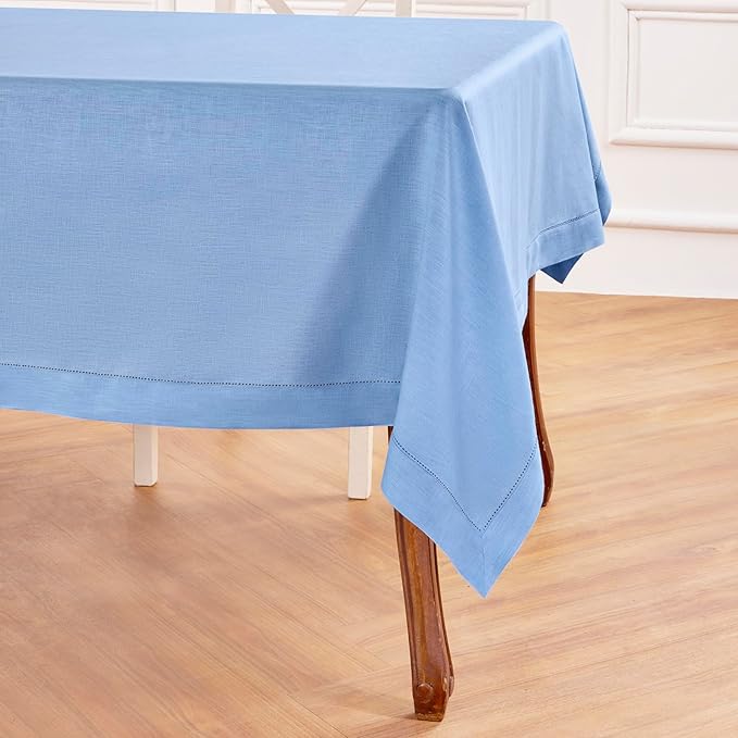 Solino Home Cornflower Blue Linen Tablecloth 60 x 90 Inch - 100% Pure Linen Hemstitch Table Cloth for Rectangle Tables - Classic Hemstitch, Machine Washable Tablecloth for Summer