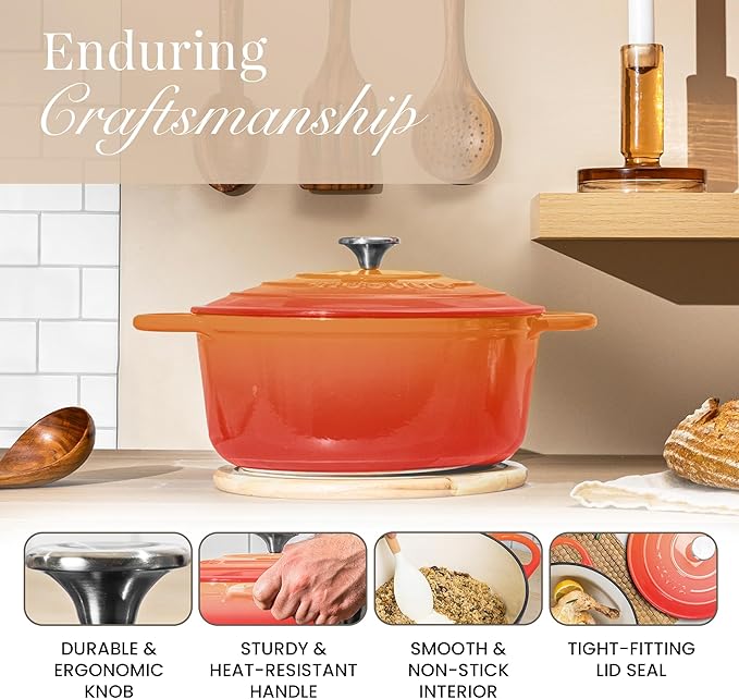 Nuovva Enamelled Cast Iron Dutch Oven Pot with Lid – 6.4 Quart Non Stick Casserole Pot – Heavy Duty & Oven Safe up to 500° F for Bread Baking, Braising, Stews, Roasting – 28cm Orange