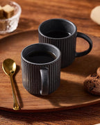 famiware Star Espresso Cups and Saucers Set of 4, [ Mini ] 3 oz Ceramic Small Coffee Mug with Handle, Ribbed Stoneware Demitasse Cup for Tea, Latte - Microwave & Dishwasher Safe - Matte Dark Charcoal