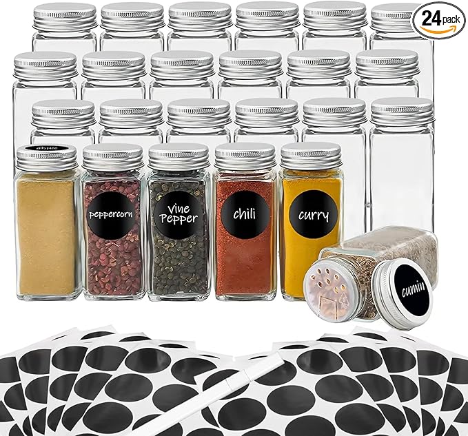 24Pcs Spice Jars with Label, 4oz Empty Square Seasoning Containers, Spice Jars with Shaker Lids, Small Spice Bottles for Salt, Herbs, Sugar, Pepper, Seasoning Jars for Spice Rack, Cabinet, or Drawer