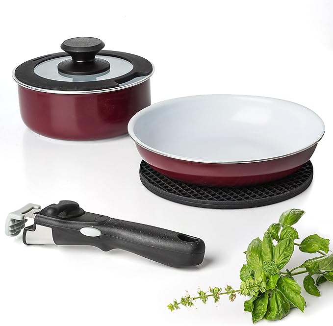 Moss & Stone Aluminum Pots And Pans Set Nonstick, Removable Handle Cookware, Stackable Pots And Pans Set, Dishwasher safe, Induction Pots And Pans, Camping Cookware Set (5 Pcs Burgandy)