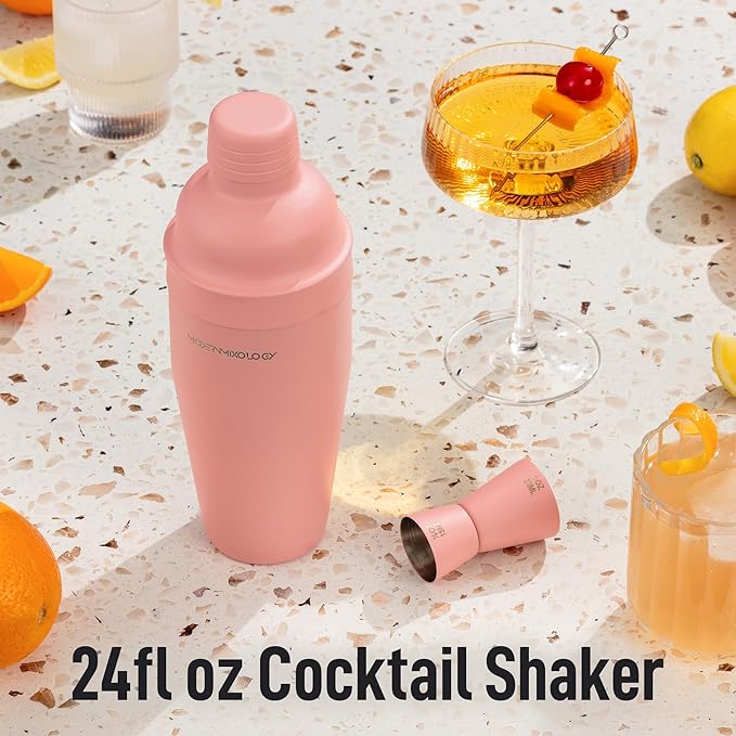 Mixology & Craft Matte Pink Bartender Kit – Cocktail Shaker and Jigger Set, 24oz Drink Mixer with Cap – Home Bar Tools for Mixing Cocktails, Martini, Margarita – Sleek Gift for Men & Women