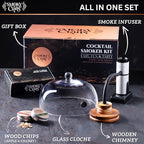 Food and Drink Smoker Kit with Smoke Gun, 8" Smoking Cloche Glass Dome, Acacia Cocktail Smoke Top and Wood Chips (Apple & Cherry) - Whiskey Smoker Kit - Gifts for Men