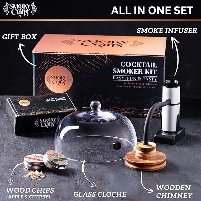 Food and Drink Smoker Kit with Smoke Gun, 8" Smoking Cloche Glass Dome, Acacia Cocktail Smoke Top and Wood Chips (Apple & Cherry) - Whiskey Smoker Kit - Gifts for Men