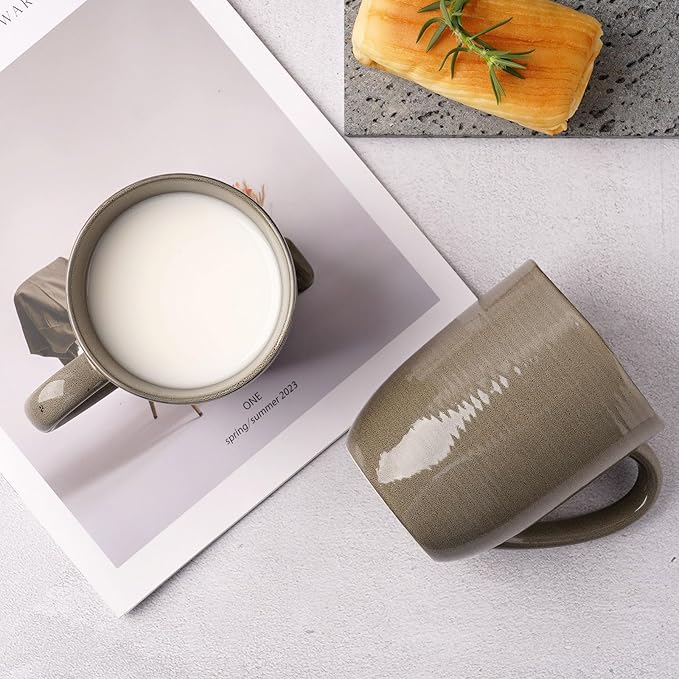 famiware Tempus Coffee Mugs Set of 4, 14 oz Coffee Cup Set, Stoneware Mugs with Handle for Coffee, Tea, Cocoa, Milk, Cappuccino, Microwave Safe - Dark Olive