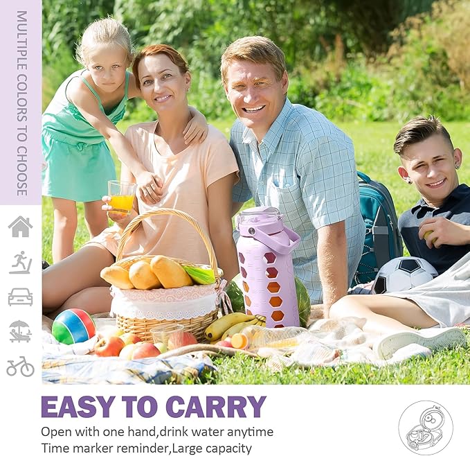 MUKOKO Half Gallon/64 oz Glass Water Bottles with Straw and Lid,Motivational Water Jug with Time Marker Reminder and Silicone Sleeve,100% Leakproof BPA Free Fitness Sports Large Bottle-Purple