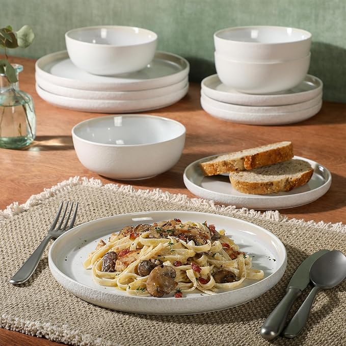 Gibson Elite Tahoe Sunset 12 Piece Stoneware Reactive Glaze (Service for 4) Ceramic Plates and Bowls Dinnerware Set - Cream White