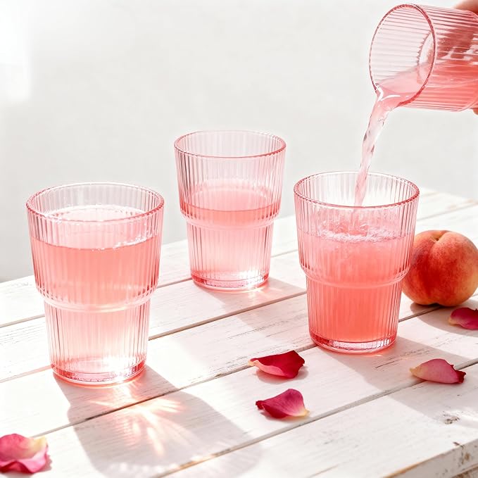 Pink Ribbed Glass Set of 4 14oz Highball Glass Stackable Vintage Durable for Water, Seltzer, Sparkling, Elegant Everyday Glassware