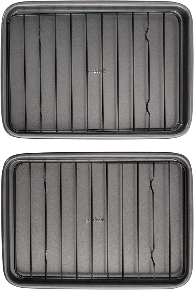 GoodCook Set of 2 Nonstick Steel 9" x 6.2" Toaster Oven Mini Baking Sheets with Racks, Gray