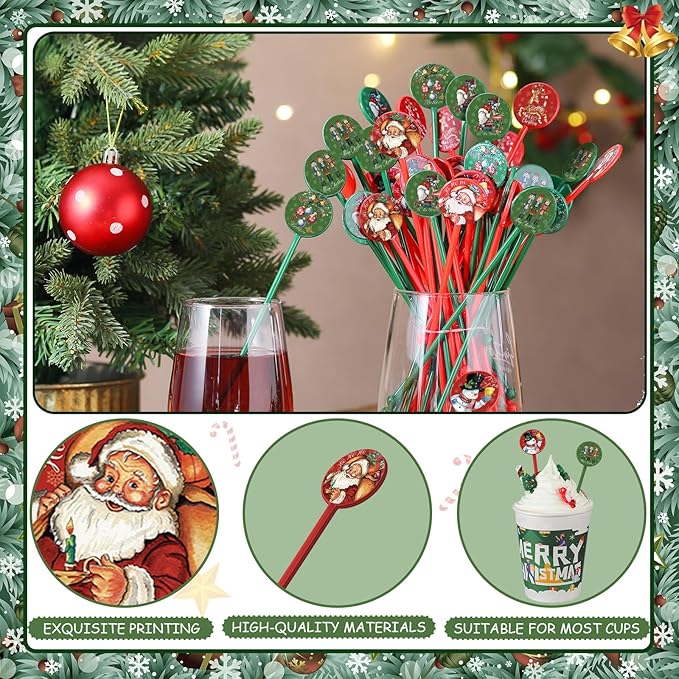 Meanplan 60pcs Christmas Swizzle Sticks Christmas Cocktail Stirrers Plastic Stir Sticks Xmas Santa Claus Snowman Decorations for Birthday Party Coffee Shop Supplies Favors Gifts (Santa Claus)