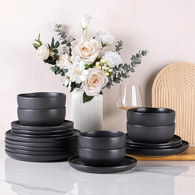 AmorArc Ceramic Dinnerware Sets, Wavy Rim Stoneware Plates and Bowls Sets, Highly Chip and Crack Resistant | Dishwasher & Microwave & Oven Safe Dishes set, Service for 6 (18pc)-Speckled Black