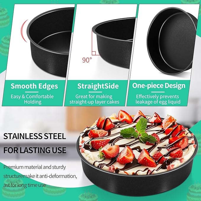 P&P CHEF Non-stick Cake Pan Set of 2, 9.5 Inch Round Baking Cake Pans Tins for Tier Smash Cakes, Non-Toxic & Solid, Stainless Steel Core & Leak-Proof, 2Pcs