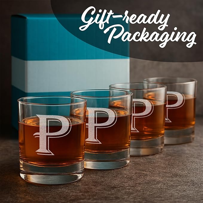 On The Rox Drinks (P-Monogram)- 4 Piece Set of 11 Ounce Engraved Heavy Base Rocks Glasses Elegant Glass-Multi-Purpose Beverage-Rocks Glass- Gift for any Occasion