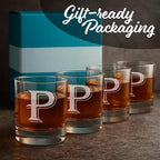 On The Rox Drinks (P-Monogram)- 4 Piece Set of 11 Ounce Engraved Heavy Base Rocks Glasses Elegant Glass-Multi-Purpose Beverage-Rocks Glass- Gift for any Occasion