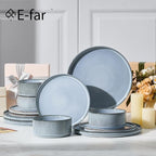 E-far 12-Piece Plates and Bowls Sets, Stoneware Dinnerware Dishes Sets for 4, Kitchen Modern Dining Dishware, Chip & Scratch Resistant, Microwave & Dishwasher Safe, Dusty Blue