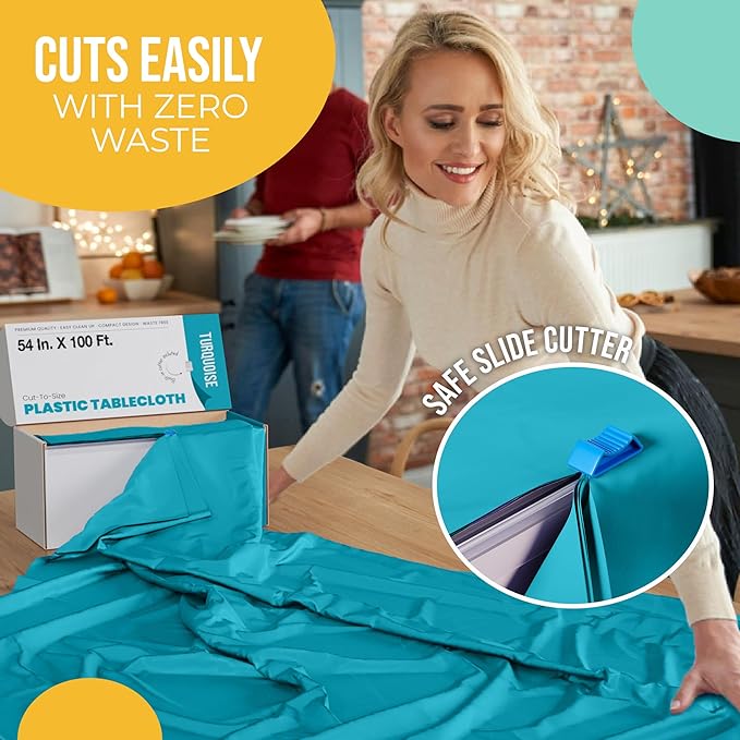 Exquisite Party Solids 54 Inch X 100 Feet Turquoise Plastic Table Cover Roll in A Cut - to - Size Box with Convenient Slide Cutter. Cuts Up to 12 Rectangle 8 Feet Plastic Disposable Tablecloths