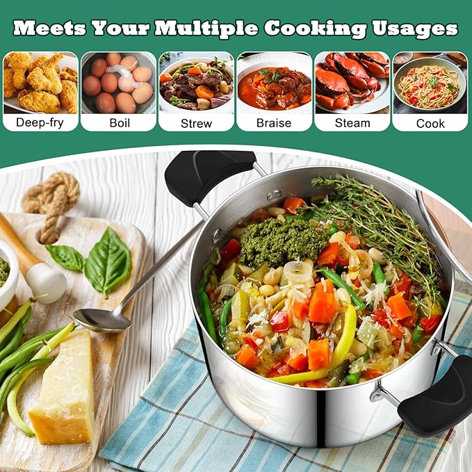 6 Quart Cooking Pot Stockpot with Lid, P&P CHEF Tri-ply Stainless Steel Pot for Pasta Soup, Work on Multi Stove Tops, Heat-resistant Pot Handles, Heavy-Duty & Dishwasher Safe