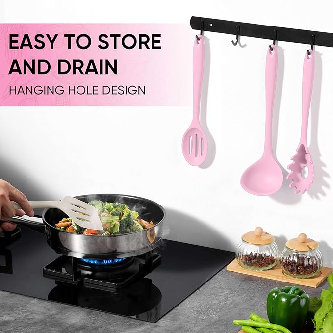 Herogo Silicone Cooking Utensils Set, 7-Piece Kitchen Utensils Set, Heat Resistant Cooking Gadget Tools Slotted Turner, Spoon, Soup Ladle, Pasta Server, Spatula, Tongs for Nonstick Cookware, Pink