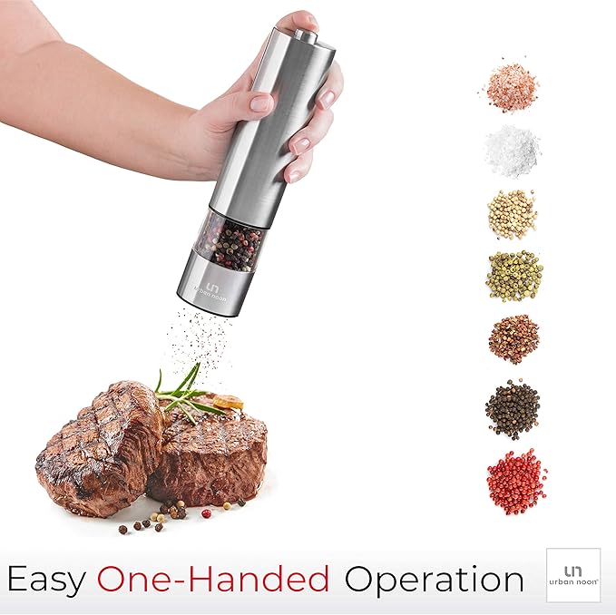 Electric Salt and Pepper Grinder - Single Battery Operated Stainless Steel Salt or Pepper Mill with Light - Automatic One Handed Operation with Adjustable Ceramic Grinder