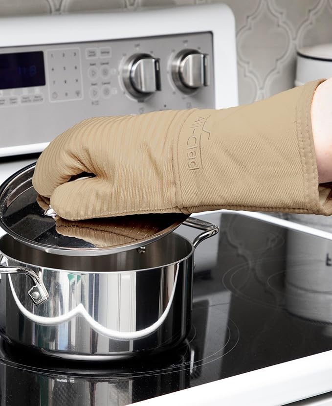All-Clad Silicone Oven Mitts: Heat Resistant up to 500 Degrees - 100% Cotton & Silicone, 14"x7" Oven Mitt for Kitchen and Barbeque, 2-Pack, Cappuccino