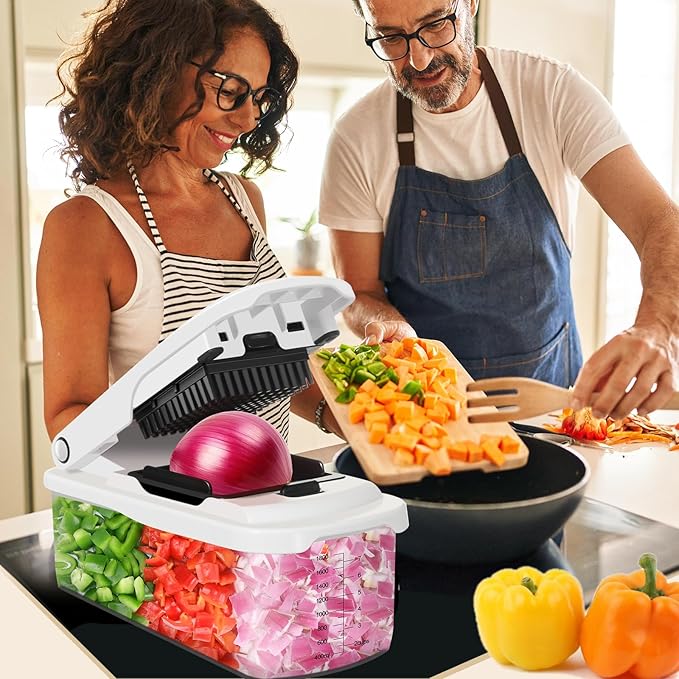 Ourokhome Chopper Vegetable Cutter with Container, Manual Hand Food Onion Dicer with 2 Chopping Blades for Potato Strips, Veggie Cubers, Carrot Sticks, Essential Kitchen Gadgets (2 in 1, White)