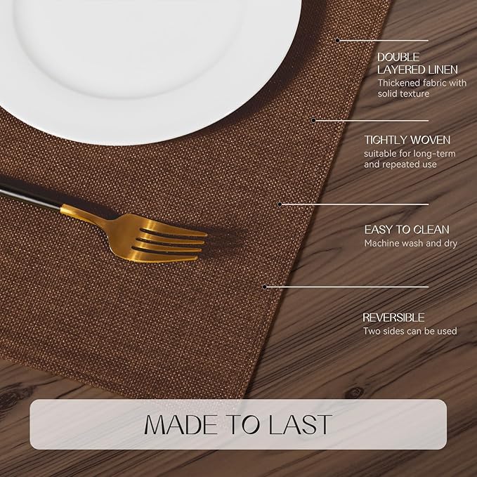Romanstile Cloth Placemats Set of 8-12 x 18 Inch, Heat Resistant Double Layered Thickened Burlap Place Mats, Washable Linen Farmhouse Table Mats for Kitchen/Dining/Party/Outdoor, Dark Brown