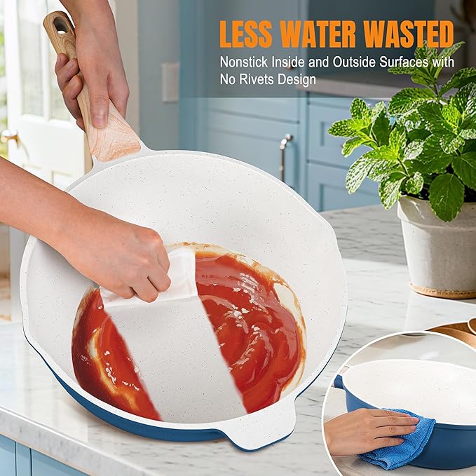 AOSION 12 Inch Nonstick Ceramic Deep Frying Pan,5.5QT Sauté Pan with lid,Large Skillet with Steam Rack,Healthy Jumbo Cooker,Stay Cool Handle,Induction Compatible, PFOA & PFAS Free. (BLUE)