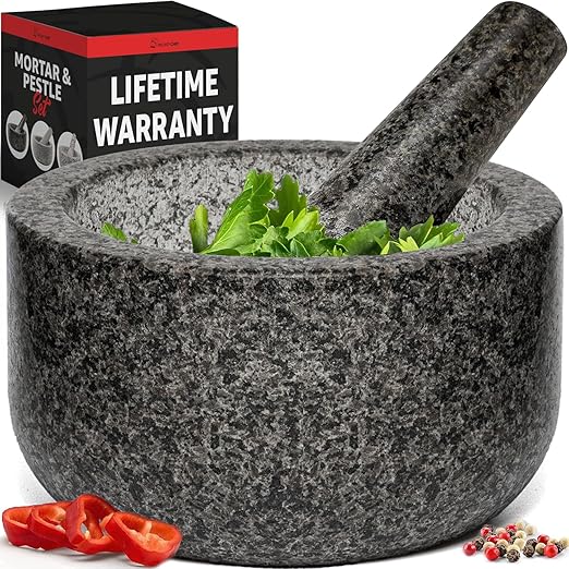 Priority Chef Heavy Duty Large Mortar and Pestle Set, 100% Granite, Non Slip Base, Make Fresh Guacamole, Salsa, Pesto, Stone Grinder Bowl, Herb Crusher, Spice Grinder, 4 Cup - Black