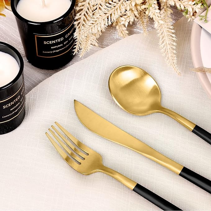 Matte Black and Gold Silverware Set 30 Pieces, FAMEWARE Stainless Steel Flatware Set Service for 6，Tableware Cutlery Set Satin Finished Polished & Dishwasher Safe