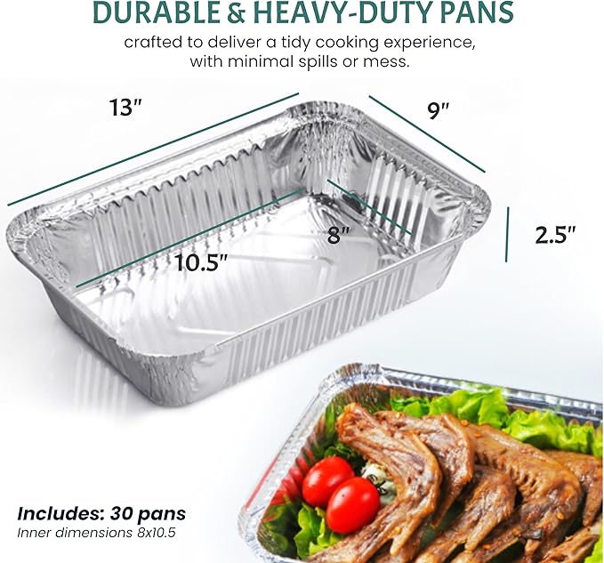 FUNSTITUTION Aluminum Foil Pans 9x13 (30 Pack) - Disposable Aluminum Baking Pans With High Heat Conductivity For Grilling, Cooking, Storing, Prepping