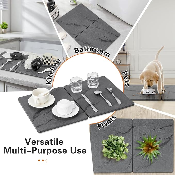 Stone Drying Mat for Kitchen Counter-Diatomaceous Earth Dish Drying Mat Foldable,Non Slip Kitchen Mat Quick Dry for Dishes Bottles Cups (24"L X 16"W)
