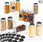 12Pcs Spice Jars with Label, 4oz Empty Square Seasoning Containers, Spice Jars with Shaker Lids, Small Spice Bottles for Salt, Herbs, Sugar, Pepper, Seasoning Jars for Spice Rack, Cabinet, or Drawer