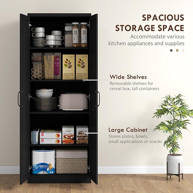 HOMCOM 63" 2-Door Kitchen Pantry, Freestanding Storage Cabinet with 5-Tier Shelving and 2 Adjustable Shelves for Dining Room, Black Wood Grain