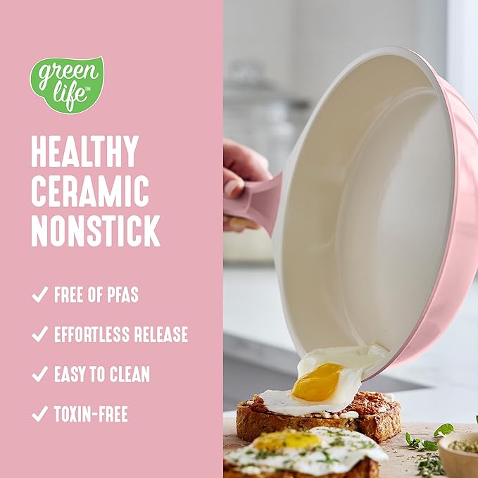 GreenLife 8 Piece Ceramic Nonstick Cookware Set, Induction Suitable Non Toxic PFAS-Free Pots & Pans, Dishwasher Safe, Cooking Set, Stock Pot, Saucepans & Frying Pans, Kitchen Cooking, Light Pink