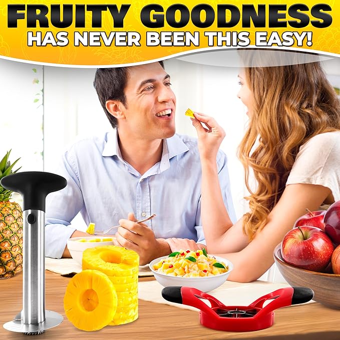 Pineapple Corer and Slicer Tool – Stainless Steel Pineapple Peeler Tool with Reinforced Thick Blade for Effortless Slicing – Core Remover and Cutter for Diced Fresh Rings, Black Handle, Easy to Clean