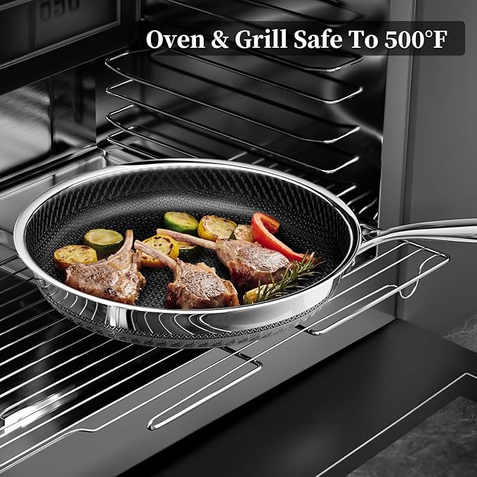 Non Stick Frying Pan with Lid, 10 Inch Hybrid Tri-Ply Stainless Steel Non Stick Skillet W/Lid Titanium Ceramic Nonstick Cookware No Toxic Induction Omelette Frying Pan, Oven Safe, PFAS/PFOA/PTFE Free