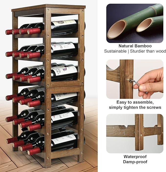 VASMIA Wine Rack Freestanding Floor, 6-Tier Display Wine Storage Shelves with Table Top, 24-Botttle Bamboo Wine Rack Shelf for Kitchen Bar Dining Room Living Room, Walnut