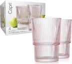 Glaver's Ribbed Drinking Glasses Set of 4 - Pink Vintage Glass Cups 15.38 oz, Stackable Highball Glasses, Juice, Iced Coffee Cups, Water Glasses for Beverages - Blush
