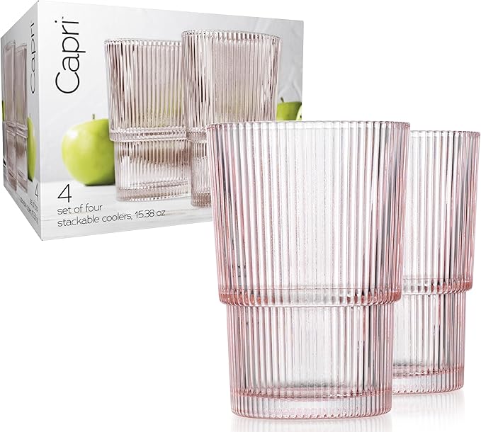 Glaver's Ribbed Drinking Glasses Set of 4 - Pink Vintage Glass Cups 15.38 oz, Stackable Highball Glasses, Juice, Iced Coffee Cups, Water Glasses for Beverages - Blush