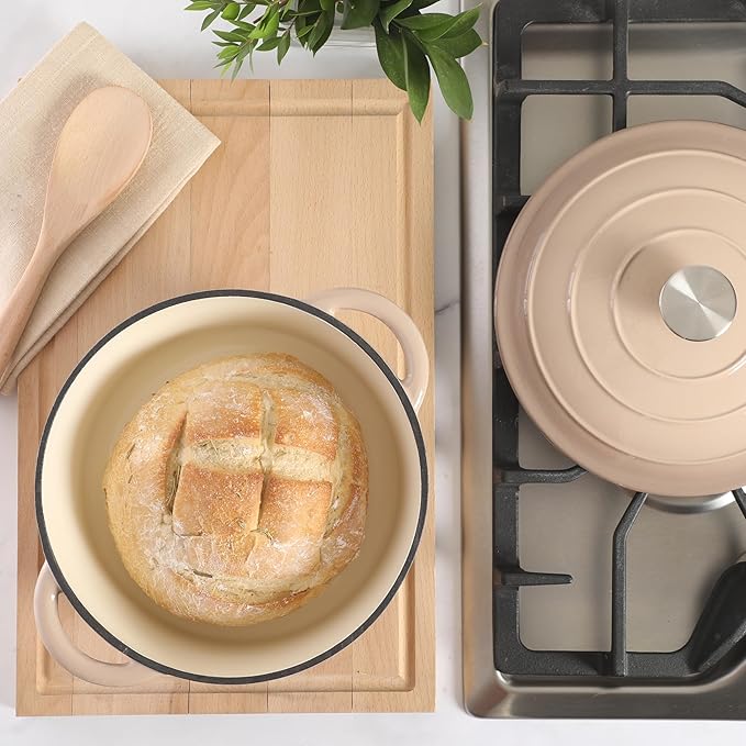 Gibson Home Addlestone 5 Qt Enameled Cast Iron Dutch Oven Pot with Lid – Round, Oven Safe to 500°F, Ideal for Bread Baking & Stews - Gradient Taupe