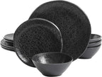 Gibson Home Yoko Round Melamine Plastic Dinnerware Set, Service for Four (12pcs), Matte Black
